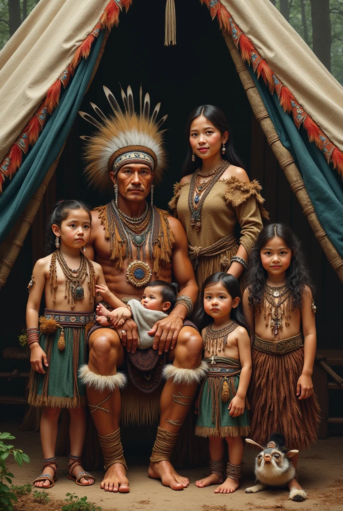 An indigenous version of the Tsarist family in the style of a traditional family portrait. The setting is a tent decorated with tribal patterns, surrounded by dense forest. Each member of the family wears traditional indigenous costumes with rich details such as feathers., accounts, and colored fabrics. the patriarch, a male figure with a firm and wise gaze, wears an elaborate headdress and is seated on a carved ceremonial chair. The matriarch, a woman of noble and serene appearance, is standing next to him, holding a baby wrapped in an animal skin blanket. Children around them are in various poses, some holding bows and arrows, others playing with small animals. The expression on their faces is one of serenity and pride., with an atmosphere that conveys a deep connection with nature and ancestral traditions.