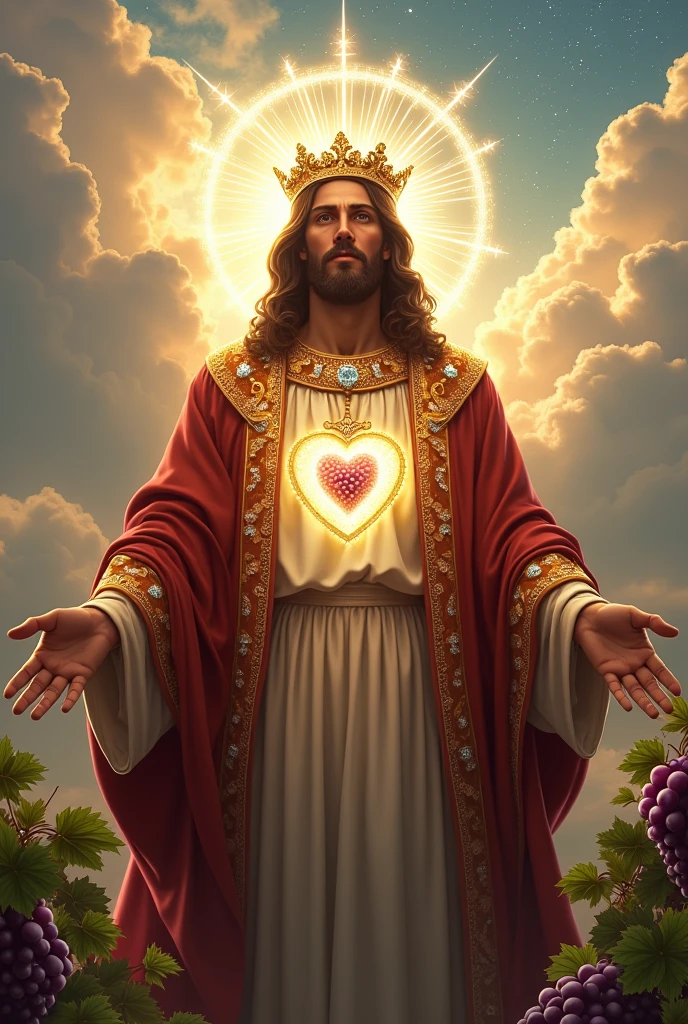 (photorealism:1.2), handsome Jesus Christ, standing straight with many grapes fruits and so many clouds all over, wearing the all gold elegant clothes of the king with many diamonds and crown sparkling with light, the head and heart lighting all over, focus on face looking at the camera, nice hair, outdoors, bright lighting, so many clouds and grapes fruits in the background, so many clouds and sparkling stars all over, cozy grapes garden, relaxed pose, realistic, intricate details, bright colors,