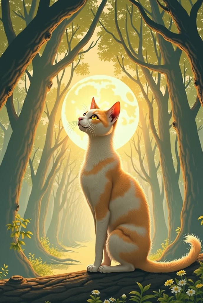 A cat watching the moon in the woods