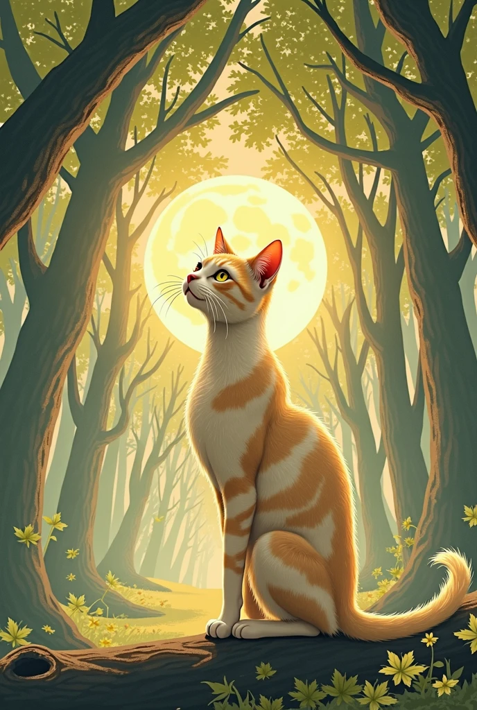 A cat watching the moon in the woods