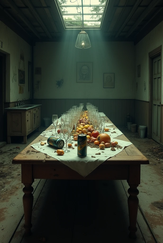 long table，One-point perspective in the upper left corner，Toppled beverage can，Rotten fruit，messy，dusty glasses