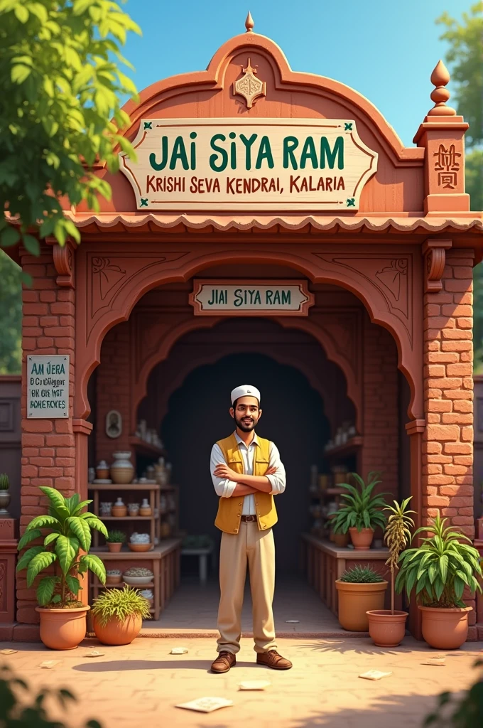 A person standing in front of a shop named as " Jai siya ram krishi seva kendra , kalariya "