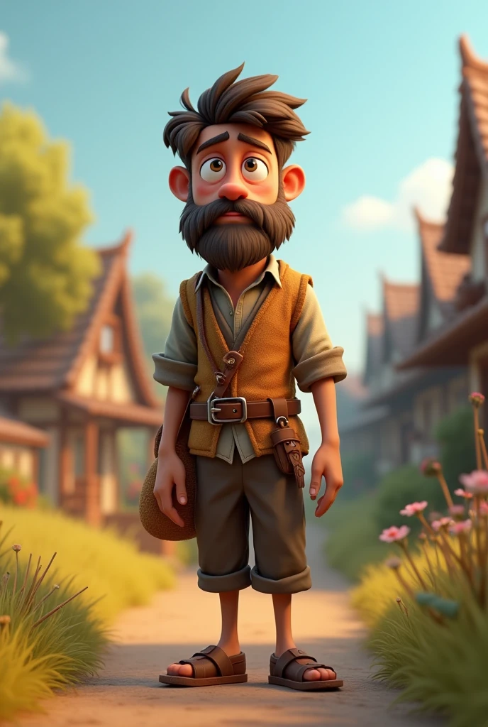 18+Young tall beard boy sad in village ai 3d image cartoon type 