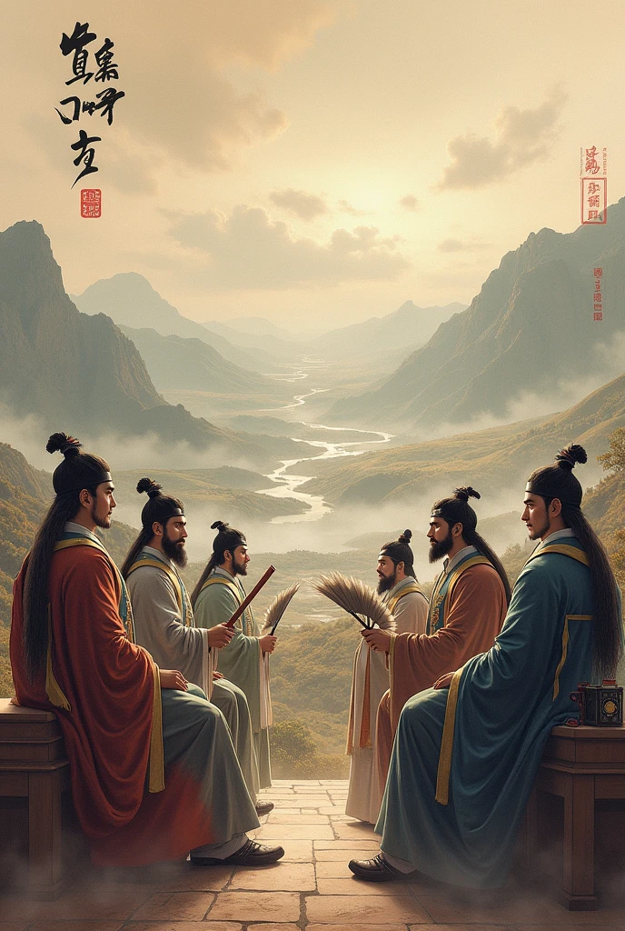 Three Kingdoms Period,Male military generals,Counselors,Feather fan,Headwear,antiquity,landscape
