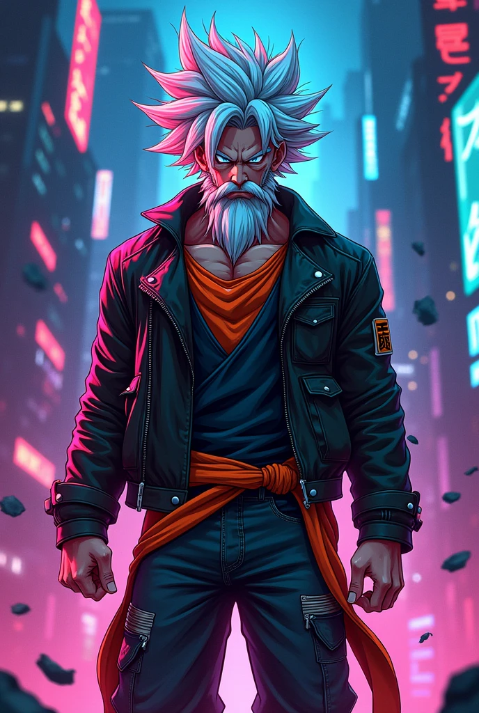 portrait, neon, 1 boy, shonen style, hair less clean head, white long beard, black and orange clothing, leather jacket, jeans, boots, bandana, cool, blue eyes, full body, color --name Son Goku--night background city with futuristic buildings and holograms