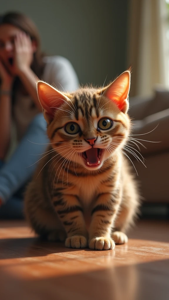 A scene where a cat, frightened with its ears pinned back, reacts to a sudden loud noise. The cat’s eyes are wide open, and it looks tense as if its heart skipped a beat. In the background, the owner is yelling, and the cat is depicted as curling up in fear and anxiety.