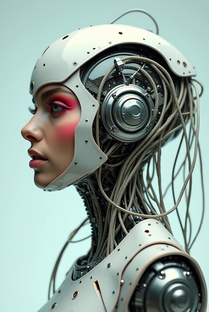 cyborg, fullshot, flashy, upperbody, futuristic, cool, surrealistic, artistic, rainbow-color, cyborg head, human head, flashy, gorgeous, strong colors, vivid colors, attractive, woman head have a lot of cables and wires, photorealistic, photograph taken from various angles, complex structure, lady, caucasian, cyborgized head have intricate structure, adult face, strong make-up, shoulder, neck, background is simple, stunning, sleek and glossy like ceramics, standing in the studio, highly-detailed, cyborg texture is enamel, woman brain is cyborgized, good-looking cyborg, european super model, photograph like visual dictionary, based on beautiful woman, woman is watching front to, woman face has no stain and wreckles, woman has majestic look, colorful, robot eyes are open, mouth is closed, adult face, robot portrait is taken with a narrowed exposure, bright exposure, 16k, super-high resolution, super realistic, super ultra high contrast,