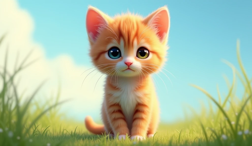 make a realistic picture, a village kitten, brown and soft fur with shining eyes, standing on its two legs, camera angle from the front, blue background and the background is grass, wide, full body, 8k super realistic