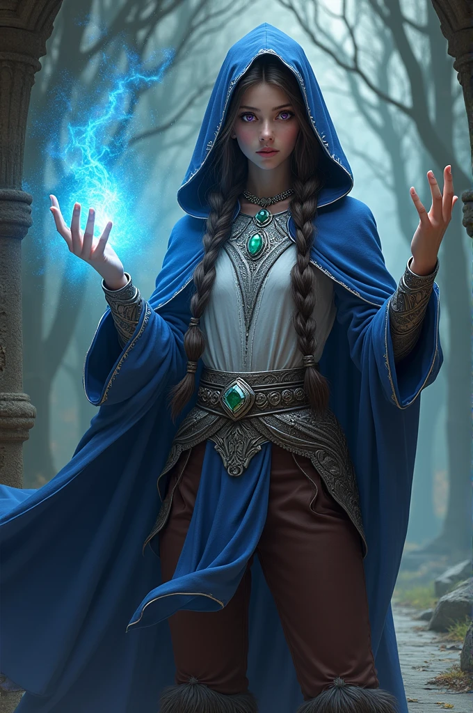 Young magician, with long braided silky hair. purple eyes. Blue hooded cape decorated with silver embroidery. White blouse, silver breastplate and brown pants as well as fur-trimmed boots. Silver necklace with emerald and silver headband with emerald