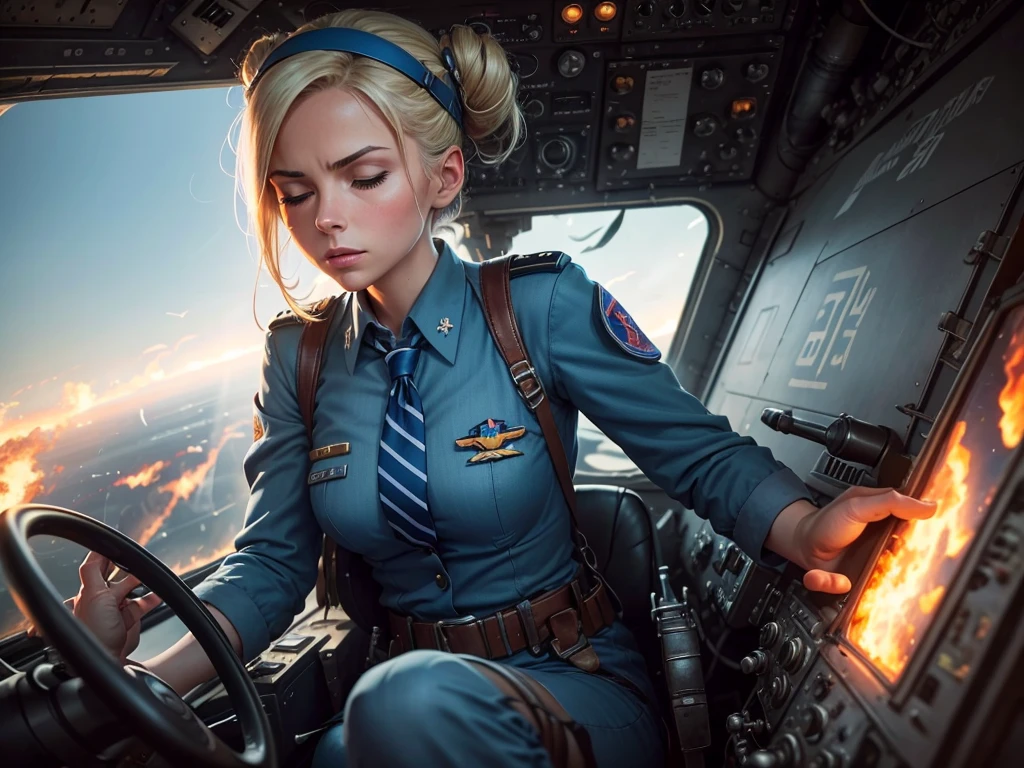 a young blonde woman inside the cockpit of a World War II-era fighter plane. The woman, dressed in a blue outfit with a striped tie and goggles on her head, has her hair tied in a neat bun. She appears focused and determined, with her eyes closed as she faces the intense situation. The aircraft's interior is detailed with riveted green metal, and outside the cockpit, a wing is visible, with flames and smoke suggesting the plane is under attack. The sky is bright blue, contrasting with the dark smoke of an aerial battle. The overall mood is tense, capturing a dramatic moment in the heat of combat."