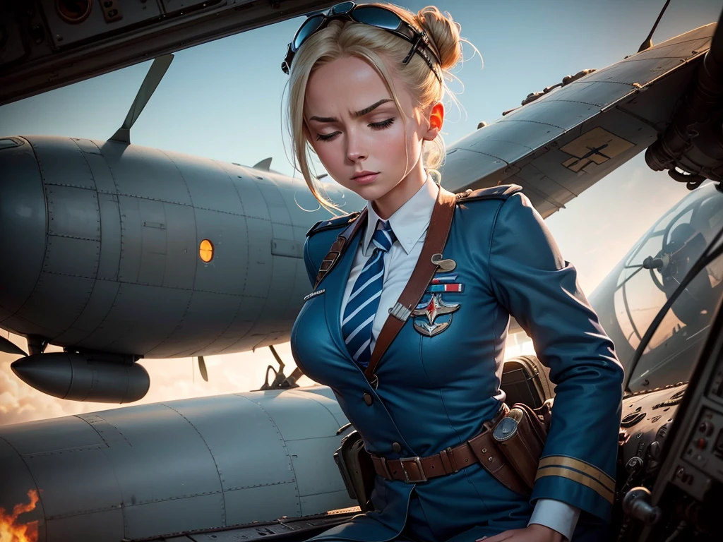 a young blonde woman inside the cockpit of a World War II-era fighter plane. The woman, dressed in a blue outfit with a striped tie and goggles on her head, has her hair tied in a neat bun. She appears focused and determined, with her eyes closed as she faces the intense situation. The aircraft's interior is detailed with riveted green metal, and outside the cockpit, a wing is visible, with flames and smoke suggesting the plane is under attack. The sky is bright blue, contrasting with the dark smoke of an aerial battle. The overall mood is tense, capturing a dramatic moment in the heat of combat."