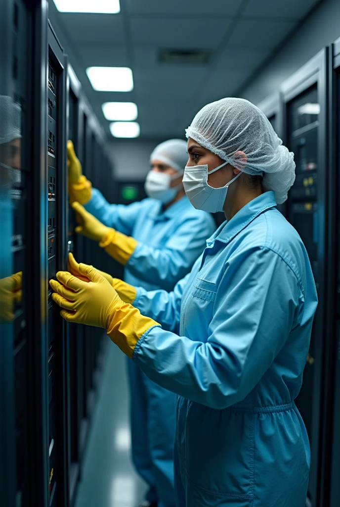 Have two people cleaning a computer with their respective protection, gauntes, mask and hairnet