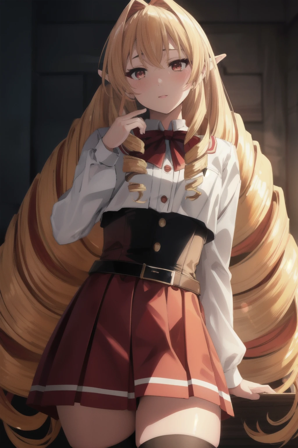 笑face,
One person,alone,Blonde,Very long hair,Pointed Ears,Twin Drill,Red eyes,alone,Ahoge,Fairy,Drill Hair,Hair between the eyes,bangs,Hair Intake,Hair behind the ear,
Long sleeve,school uniform,Red Skirt,Red bow tie,Black corset,Knee socks,White shirt,, Amazing visuals, High resolution,masterpiece,Highest quality,, 18-year-old,young woman,beautiful指,beautiful長い脚,beautiful体,beautiful鼻,beautifulキャラクターデザイン, Perfect Eyes, perfect face,Expressive eyes,
Official Art,Very detailed CG ユニティ 8k 壁紙, Perfect lighting,colorful, bright_front_face_Lighting,Glowing Skin, 
(masterpiece:1.0),(Highest_quality:1.0), 超High resolution,4K,Very detailed,
photograph, 8k, High resolution, High resolution, Absurd:1.2, 400 for Kodak Port, Film Grain, Blurred Background, Bokeh:1.2, Lens flare, (Vibrant_color:1.2), (beautiful_face:1.5),(narrow_Waist), ,Browsing Caution,