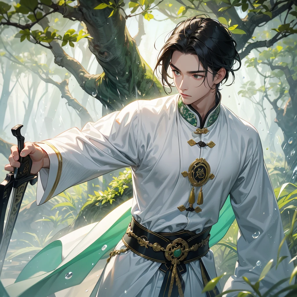A Handsome black-hair male holding a large sword in white ancient chinese costume, Background is trees, vegetables, lush green, with water drops after rain, with water droplets everywhere, green, close up.