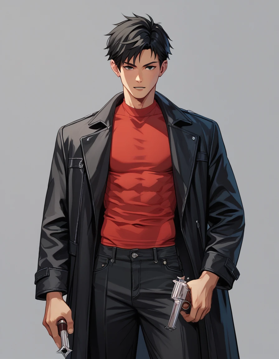 Human Male , Black hair Style , Red shirt , Black Coat , holding Revolver