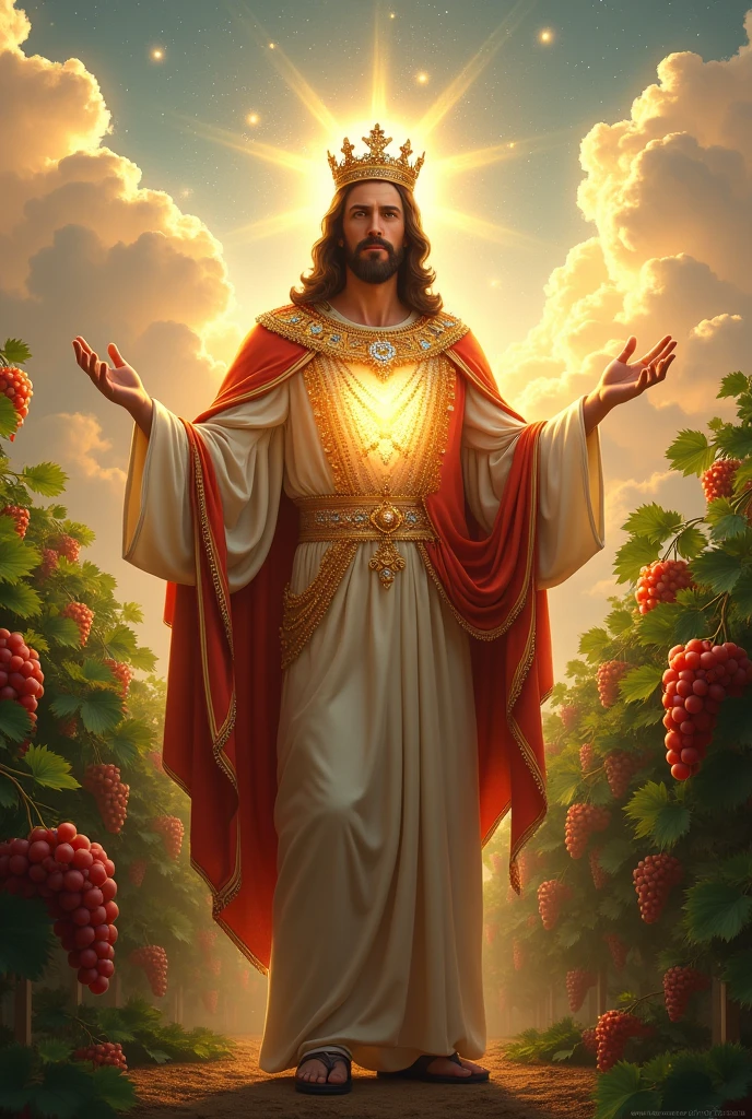 (photorealism:1.2), handsome Jesus Christ, standing straight with many grapes fruits and so many clouds all over, wearing the all gold elegant clothes of the king with many diamonds and crown sparkling with light, the head and heart lighting all over, focus on face looking at the camera, nice hair, outdoors, bright lighting, so many clouds and grapes fruits in the background,  so many clouds and sparkling stars all over, cozy grapes garden, relaxed pose, realistic, intricate details, bright colors,