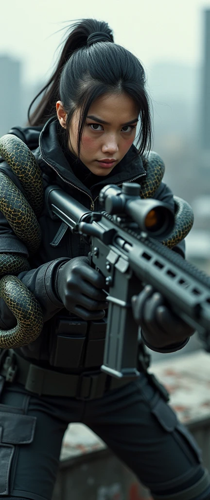 so much swagger trained marine corp militant asian female solider with large snakes coiled around her   smug grin sneer. with an attitue vengance she adorn with pony tail hairstyle adorn hip hop rap style in kevlar black military attire armour sniper rifle on rooftop aiming sniper absolute disrespect bad-mannered