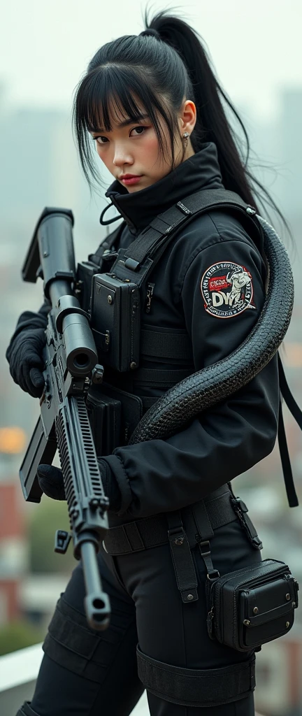 so much swagger trained marine corp militant asian female solider with large snakes coiled around her   smug grin sneer. with an attitue vengance she adorn with pony tail hairstyle adorn hip hop rap style in kevlar black military attire armour sniper rifle on rooftop aiming sniper absolute disrespect bad-mannered