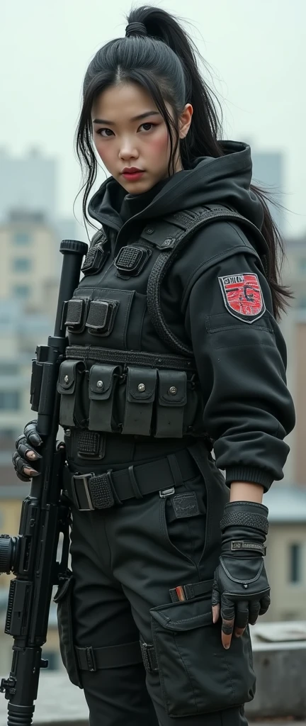 so much swagger trained marine corp militant asian female solider with large snakes coiled around her smug grin sneer. with an attitue vengance she adorn with pony tail hairstyle adorn hip hop rap style in kevlar black military attire armour sniper rifle on rooftop aiming sniper absolute disrespect bad-mannered