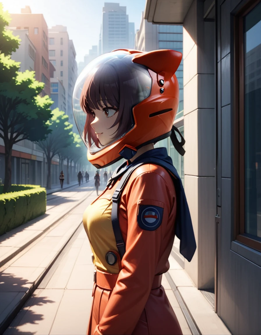 , space helmet ,girl s, 1girl,solo,smile,mediumt light hair:1.3),standing as a tram passes by in the background of a morning cityscape the tracks beside her, casting soft shadows in the soft morning light. The city should be waking up, with soft light illuminating the buildings, streets and trees. The overall mood should be calm and serene, capturing the peacefulness of the morning in a bustling city,, ,,red helmet, space helme, cat ears, red helmet, from side, upper body