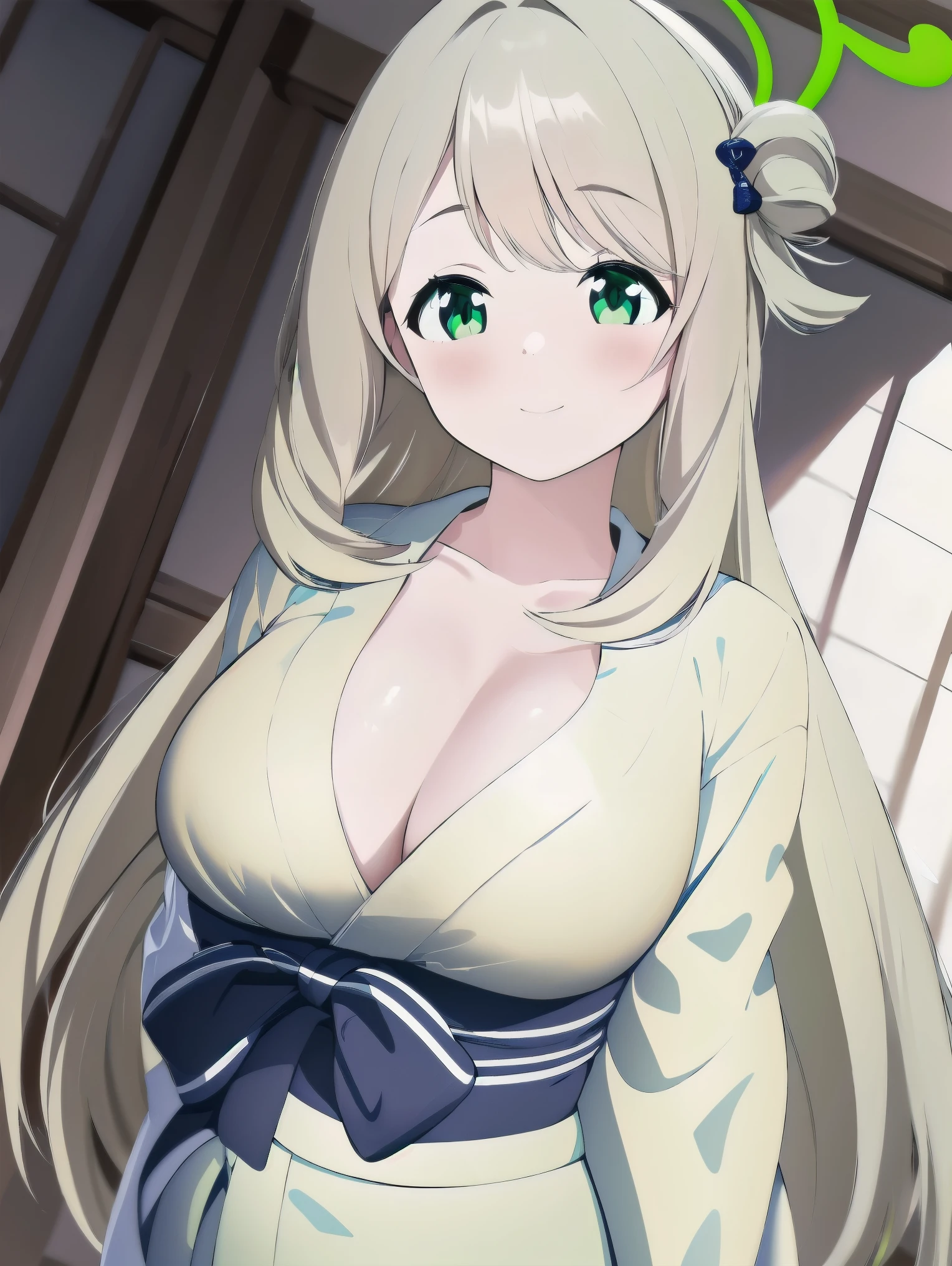 (A superb beautiful girl, izayoi Nonomi), 8k Ultra HD, Ultra high resolution, (masterpiece:1.2), (best quality:1.2), (finely detailed beautiful eyes), extremely delicate, solo, real light and shadow, upper body shot, shoot from front, teenager, nonomi, BREAK light green eyes, BREAK (long hair, light Ivory hair:1.3), happy, BREAK (yukata:1.2), (light green halo), standing, arms behind back, ryokan, slim waist, cleavage, collarbone,