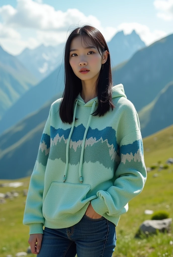 Beautiful Korean girl with clean white skin, well-groomed face, straight black hair, perfect young body, Switzerland, Alaps Valley, light green and light blue knitted hoodie, decorated with Raja Ampat mountain motifs, dark blue jeans, realistic original photo
