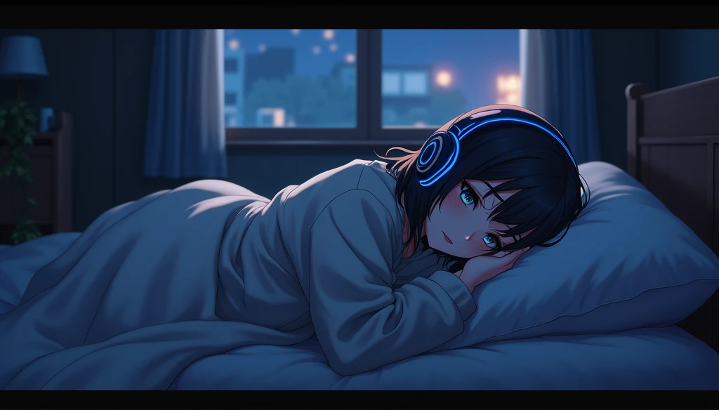 , Sleeping on your side, Wearing a large sweater, Wear headphones, Covering her feet with a blanket, praise, Calm, Calm atmosphere, Looking out the window in the room, Nice, night, quiet night, masterpiece, Highest quality,Only the headphones are glowing blue,Anime Scene