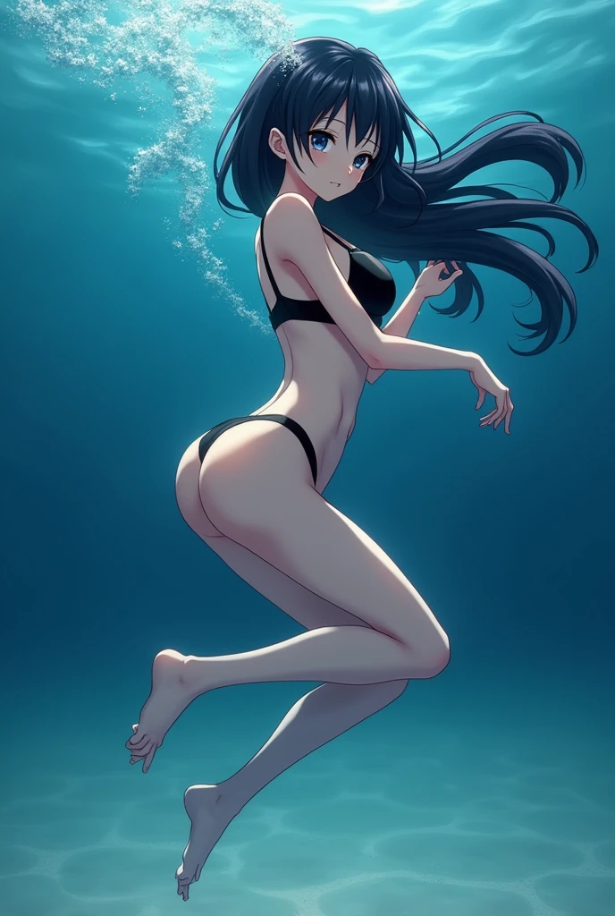 Anime Woman, wearing a Black thong, and a black bra, long flowing black hair, swimming breaststroke underwater in the sea, with water ripples on her body, blowing bubbles from her nose, side camera view, with smooth sandy seafloor, deep far from the surface