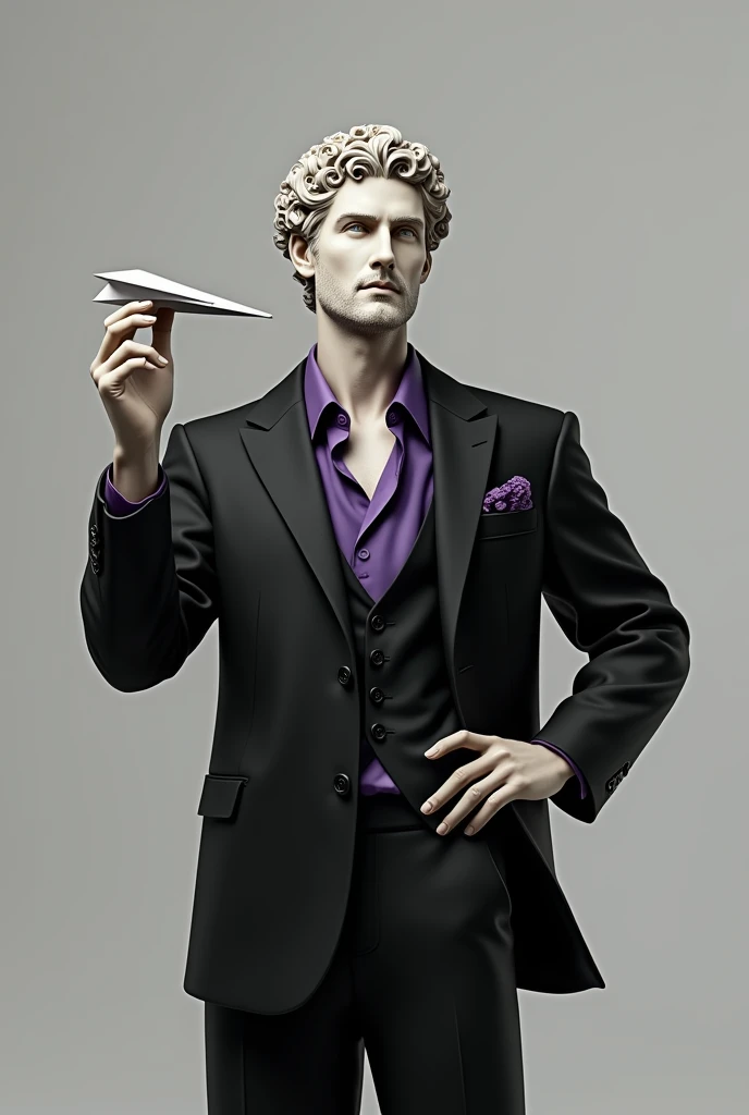 Greek statue dressed in a black suit with purple details with a paper airplane in his hand