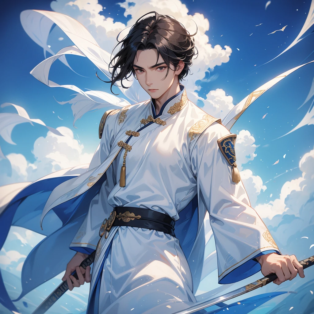 A Handsome black-hair male holding a large sword in white ancient chinese costume, Background is a blue sky, with low floating blue clouds all over the area, close up.