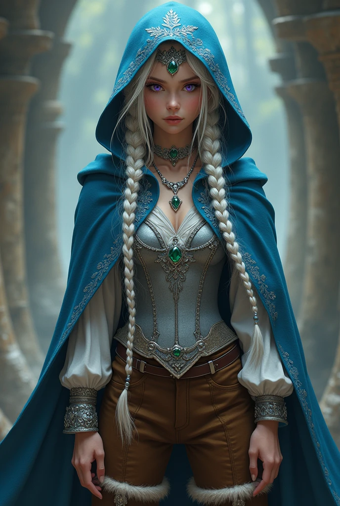 Young magician, with long braided white hair. purple eyes. Blue hooded cape decorated with silver embroidery. White blouse, silver breastplate and brown pants as well as fur-trimmed boots. Silver necklace with emerald and silver headband with emerald