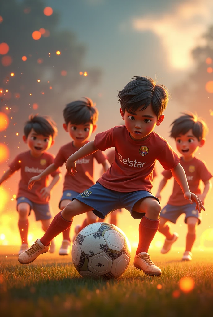 (photorealism:1.2) create a 3D illustration of a 6 boy friends playing with a football. Football name written BELSTAR. Background is fire group like
