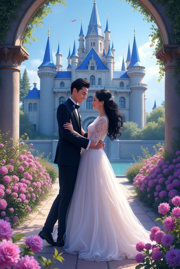 couple, wedding suit, black hair, pale skin, blue royal castle, aster purple garden, flower bloom, dancing, detailed, masterpiece, best quality