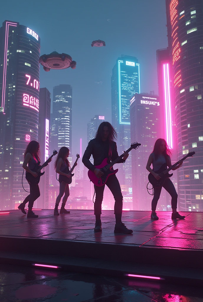 A rock band playing on the top of a building at night in a futuristic neon city