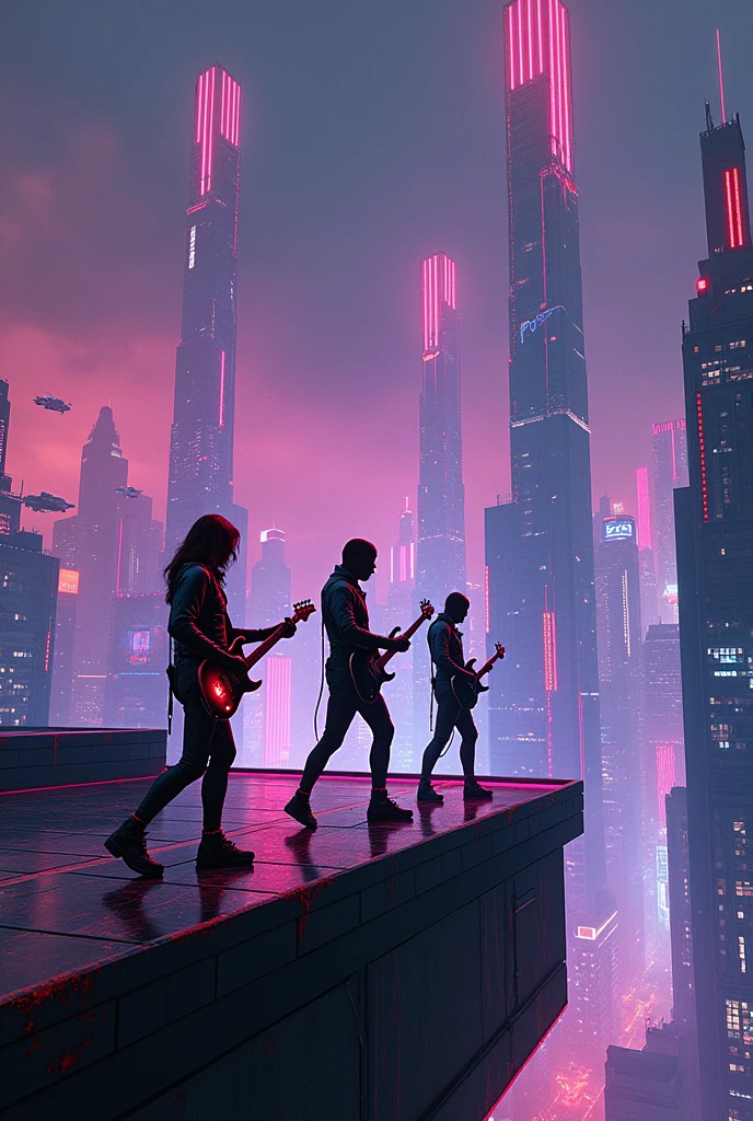 A rock band playing on the top of a building at night in a futuristic neon city 