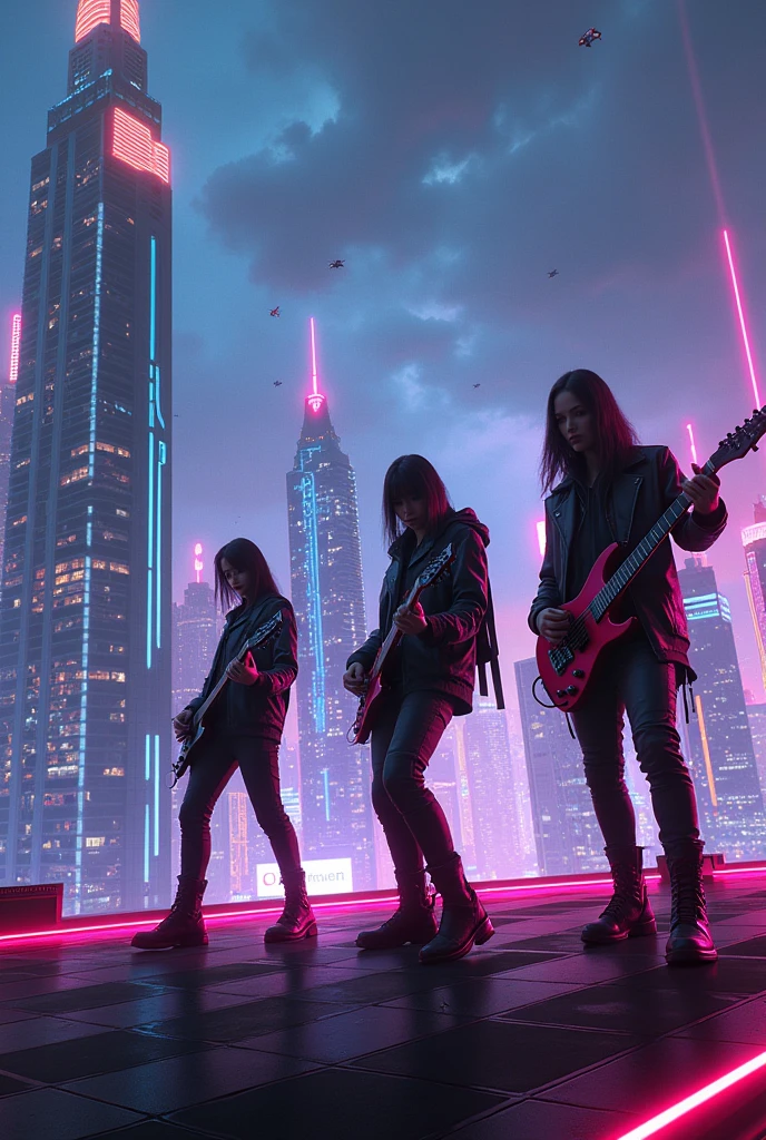 A rock band playing on the top of a building at night in a futuristic neon city 