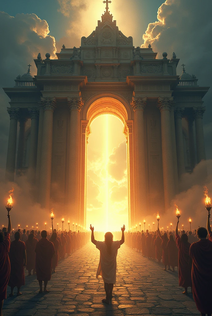 Illustrate a grand gate labeled "Kingdom of Heaven" with two signs. One says "Entrance for the Prepared," showing a line of people holding glowing lamps. The other sign says "Closed for the Unprepared," showing disappointed or frantic individuals with empty lamps, trying to find oil at the last minute.