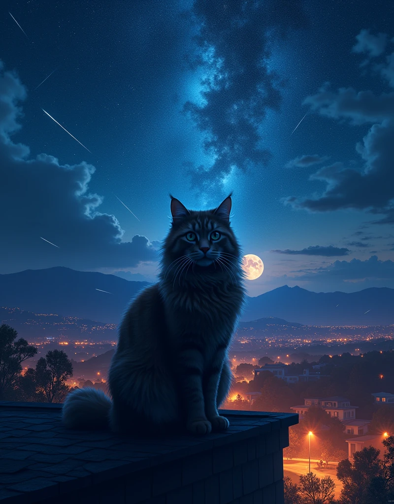 A shillouet of a Ginger Mainecoon cat in a roof top of a house, stares in to the distance, the beautiful sub urban city view, vibrant rown lamps, with hills and mountains in background, starry night with beautiful Milky Way belt, subtle nebulae, trails of comet or meteor in the bright night sky with bluish silver big full moon, incredible celestial night