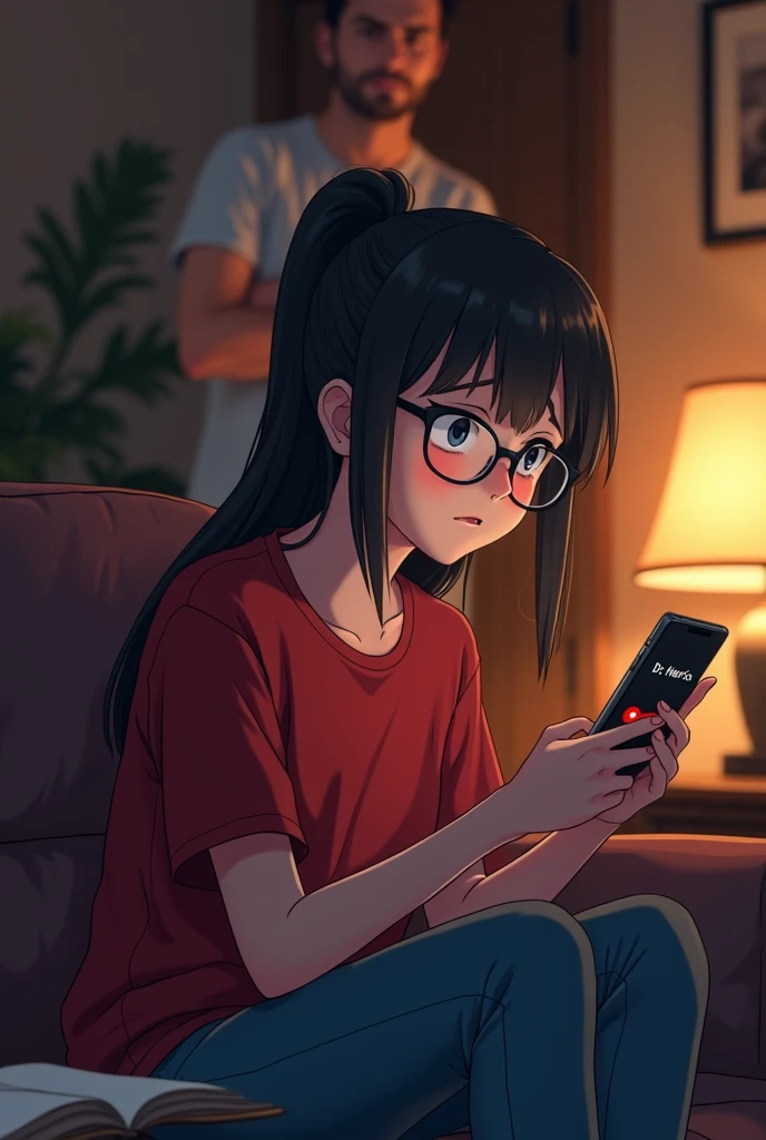 Scene 1: Phone Call
- **Setting:** A cozy, dimly lit living room in the evening. The room has warm-toned lighting, soft furniture, and a coffee table with an open book.
- **Focus:** Sophia, a young woman in her late 20s in red shirt ,jeans and spectacles, sits on a couch, startled, holding a ringing smartphone in her hand. Her expression shows 
anxiety and fear.
- **Details:** The phone screen displays "Dr. Harris" as the caller. Sophia’s other hand is gripping the edge of the couch, her knuckles white. In 
the background, a man (Jake) in his early 30s, watches her with concern. anime style
