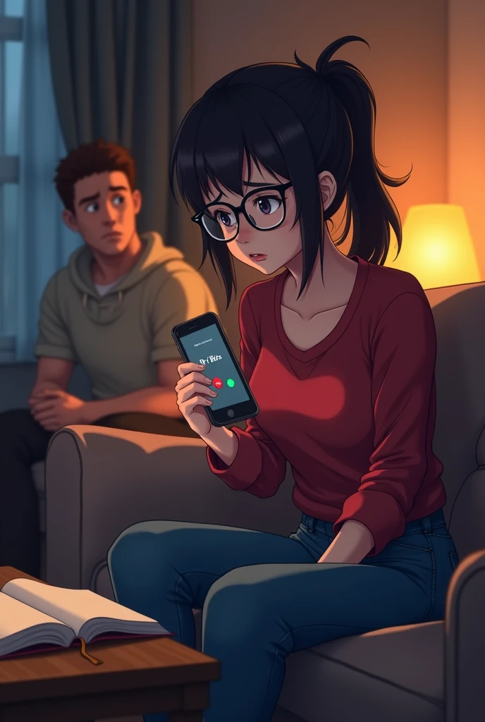Scene 1: Phone Call
- **Setting:** A cozy, dimly lit living room in the evening. The room has warm-toned lighting, soft furniture, and a coffee table with an open book.
- **Focus:** Sophia, a young woman in her late 20s in red shirt ,jeans and spectacles, sits on a couch, startled, holding a ringing smartphone in her hand. Her expression shows
anxiety and fear.
- **Details:** The phone screen displays "Dr. Harris" as the caller. Sophia’s other hand is gripping the edge of the couch, her knuckles white. In
the background, a man (Jake) in his early 30s, watches her with concern. anime style