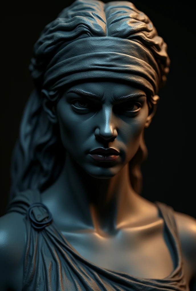 realistic photography of a very angry Justitia symbol figure, portrait , She is blindfolded, but her anger is obvious, justice, law, court, lawyer, highly detailed sculpture, dramatic lighting, ultra-realistic, dark moody background, courtroom setting, digital art by a renowned artist, high resolution