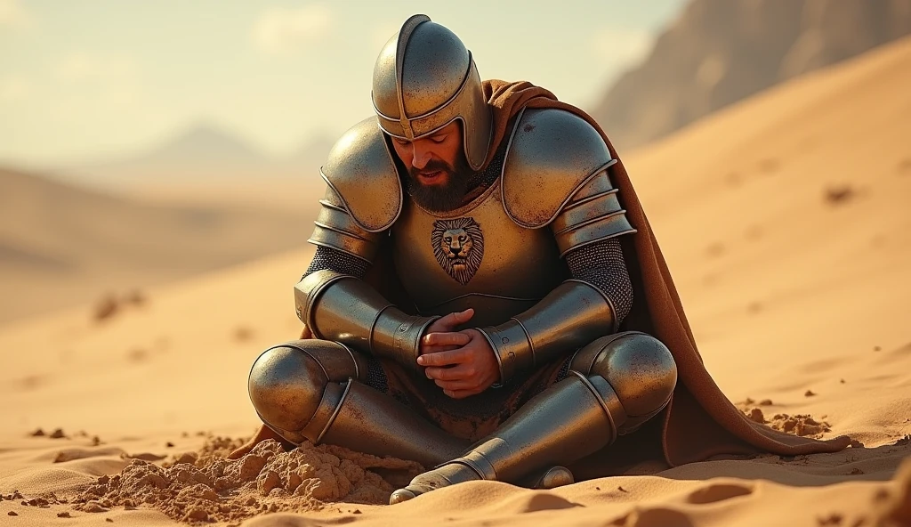 A highly realistic, high-contrast, 8K HD, detailed, hyper-detailed image of a knight clad in steel armor adorned with a lion emblem, who has been defeated in battle. He is shown crouching down in the vast desert, clutching his stomach in pain as he struggles to remain conscious. The knight's face is contorted in agony, his breath labored as he fights against the overwhelming pain. His once-imposing armor is now tarnished and bloodstained, with the lion emblem still faintly visible through the dust and grime. The harsh desert sun beats down on the scene, casting long shadows across the sand, which is marked by the chaos of battle. The atmosphere is heavy with a sense of defeat and suffering, as the knight is left vulnerable in the unforgiving desert landscape. The image is of the highest quality, with ultra-high resolution, RAW photo quality, and Unreal Engine rendering, capturing the intense emotion and stark reality of this dramatic moment in the desert.
