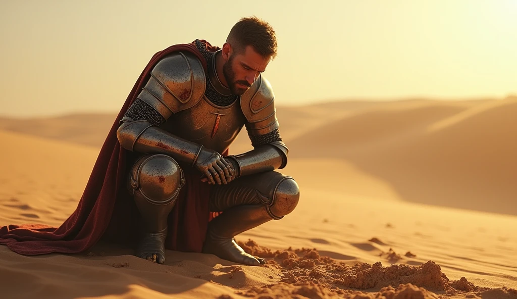 A highly realistic, high-contrast, 8K HD, detailed, hyper-detailed image of a knight clad in steel armor adorned with a lion emblem, who has been defeated in battle. He is shown crouching down in the vast desert, clutching his stomach in pain as he struggles to remain conscious. The knight's face is contorted in agony, his breath labored as he fights against the overwhelming pain. His once-imposing armor is now tarnished and bloodstained, with the lion emblem still faintly visible through the dust and grime. The harsh desert sun beats down on the scene, casting long shadows across the sand, which is marked by the chaos of battle. The atmosphere is heavy with a sense of defeat and suffering, as the knight is left vulnerable in the unforgiving desert landscape. The image is of the highest quality, with ultra-high resolution, RAW photo quality, and Unreal Engine rendering, capturing the intense emotion and stark reality of this dramatic moment in the desert.