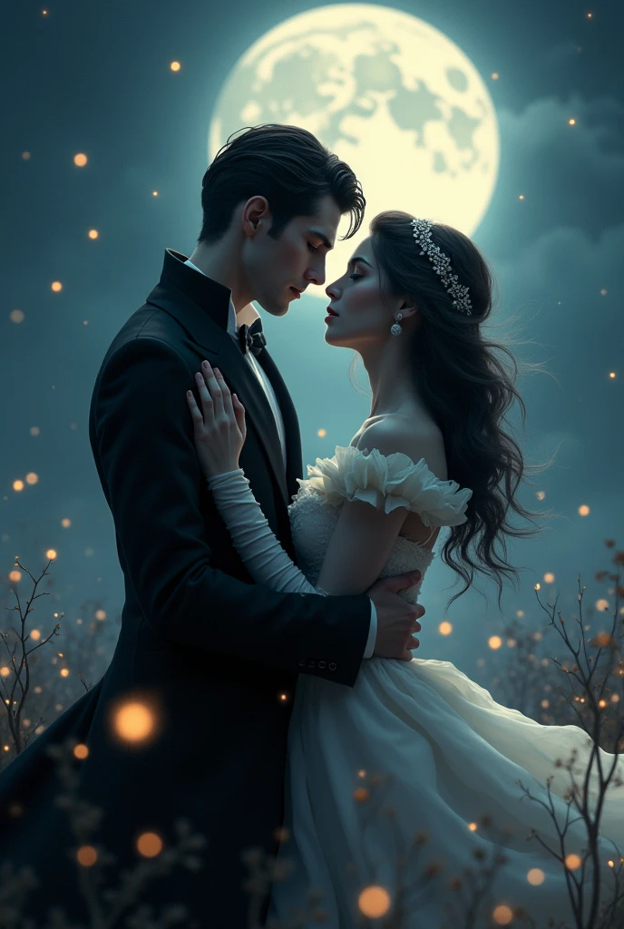 Divine Vampire Couple in Love Night Under the Moon with Fireflies