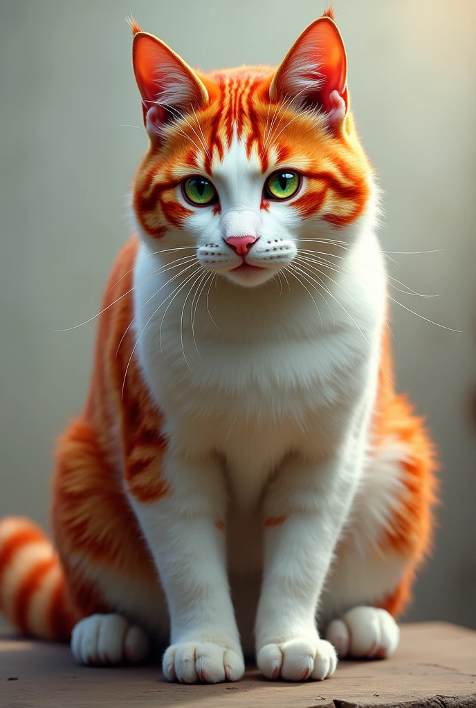 Create a lifelike tomcat with green eyes and white and red striped fur