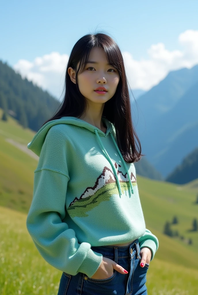 Beautiful Korean girl with clean white skin, well-groomed face, straight black hair, perfect young body, Switzerland, Alaps Valley, light green and light blue knitted hoodie, decorated with Raja Ampat mountain motifs, dark blue jeans, realistic original photo