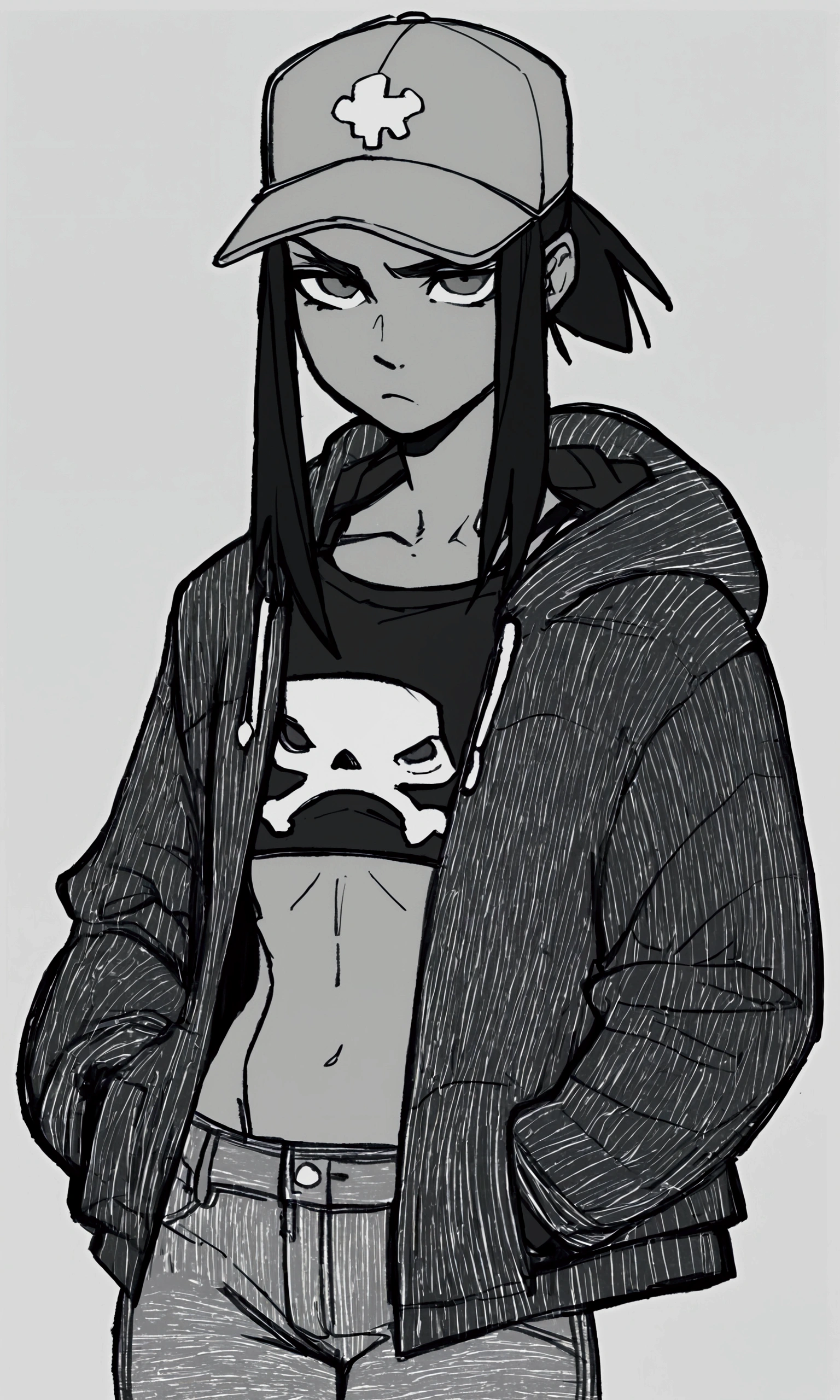 score_9, score_8_up, score_7_up, score_6_up, score_5_up, score_4_up, rating_safe, art of bone nig, hatching shading, monochrome, high detail, 1girl, scowl, black hair, grey eyes, open chested hoodie, black bra, grey jeans, hands in pockets, baseball cap,