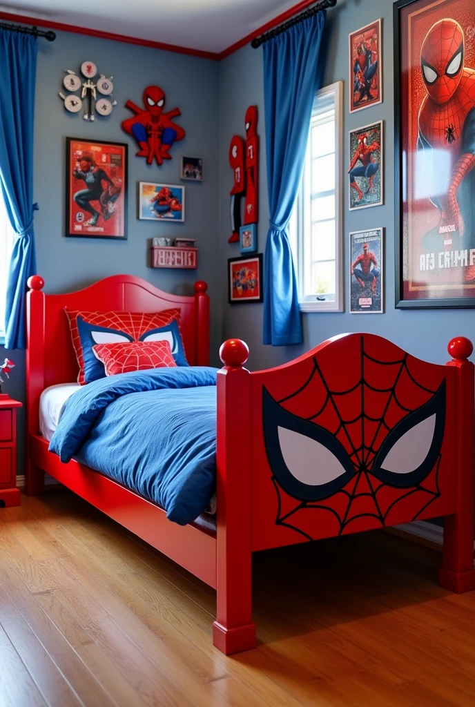 Create a detailed image of a children's bedroom featuring a custom Spider-Man-themed bed. The bed design should prominently feature Spider-Man's iconic red and blue color scheme with his mask's eyes on the headboard and footboard. The room should have wooden flooring, and the background should include related Spider-Man memorabilia like action figures and framed posters. The overall scene should be vibrant and playful, perfect for a young Spider-Man fan. The image size should be 180x180 pixels, maintaining clarity and detail despite the small size