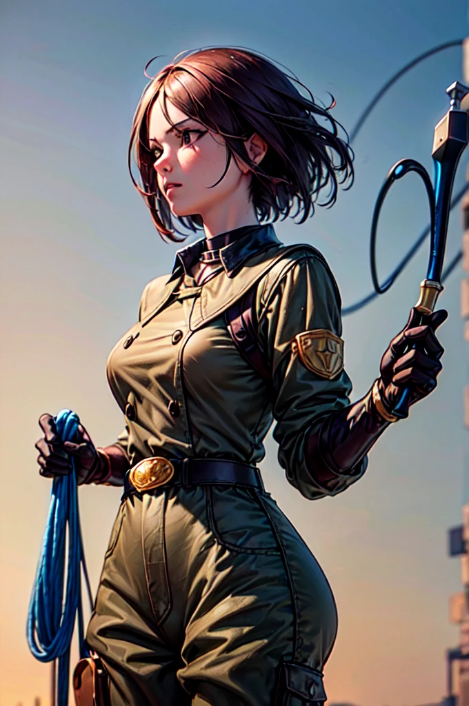 (masterpiece, best quality, high resolution, Unity 8k Wallpaper, Extremely detailed CG:1), (illustration:1.0), 1 Girl,Solitary, whip, Gloves, uniform, army, army ,belt, Necklace, Pants,