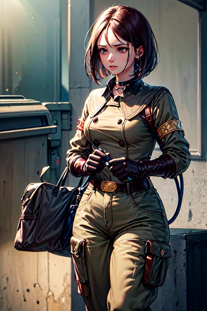 (masterpiece, best quality, high resolution, Unity 8k Wallpaper, Extremely detailed CG:1), (illustration:1.0), 1 Girl,Solitary, whip, Gloves, uniform, army, army ,belt, Necklace, Pants,